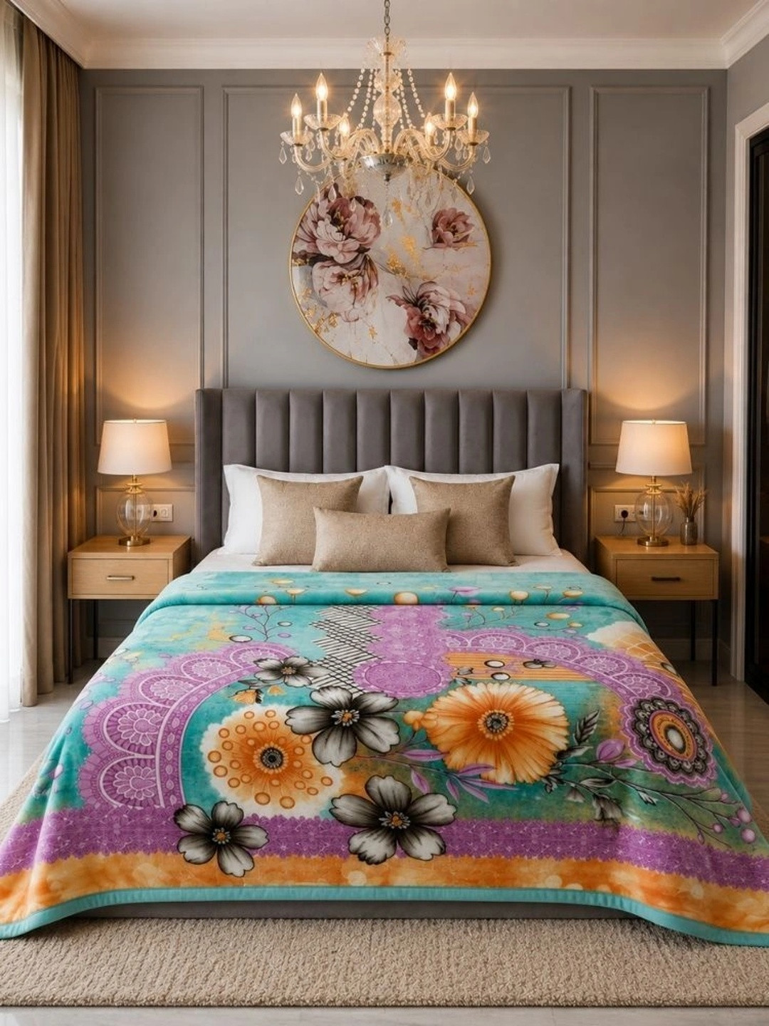 Signature Teal Floral Mild Winter 600 GSM Blanket