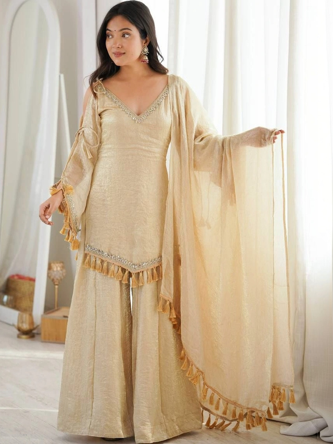 SAJAVAT ETHENIC WEAR Women Regular Gotta Patti Pure Silk Kurta with Sharara & With Dupatta
