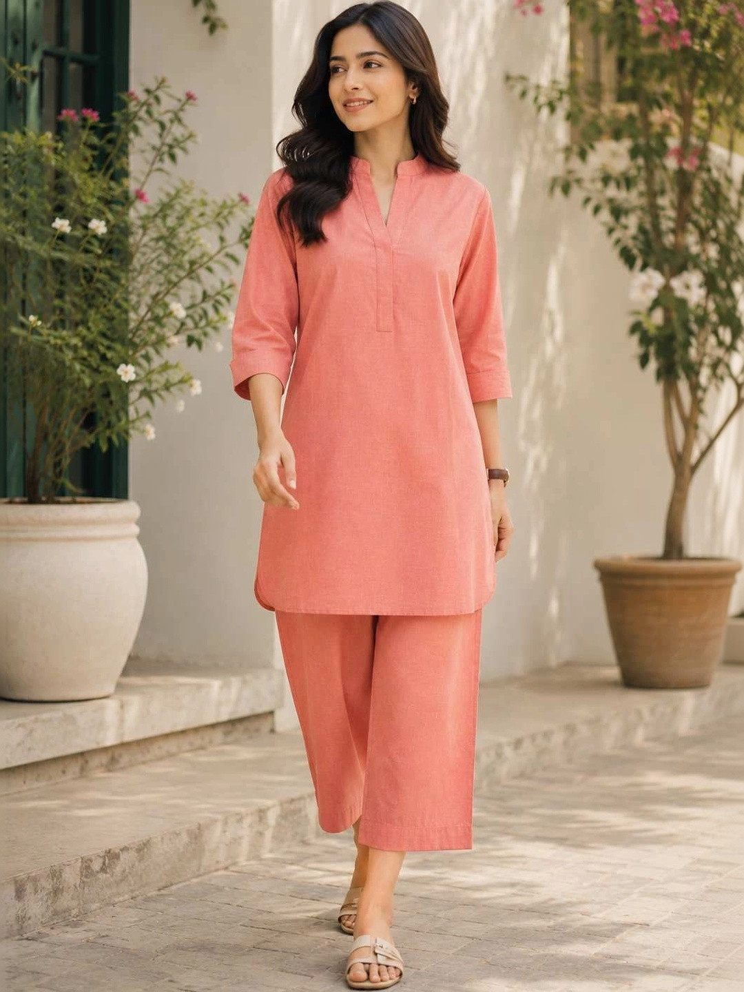 YUVVIK Cotton Solid Tunic with Trousers
