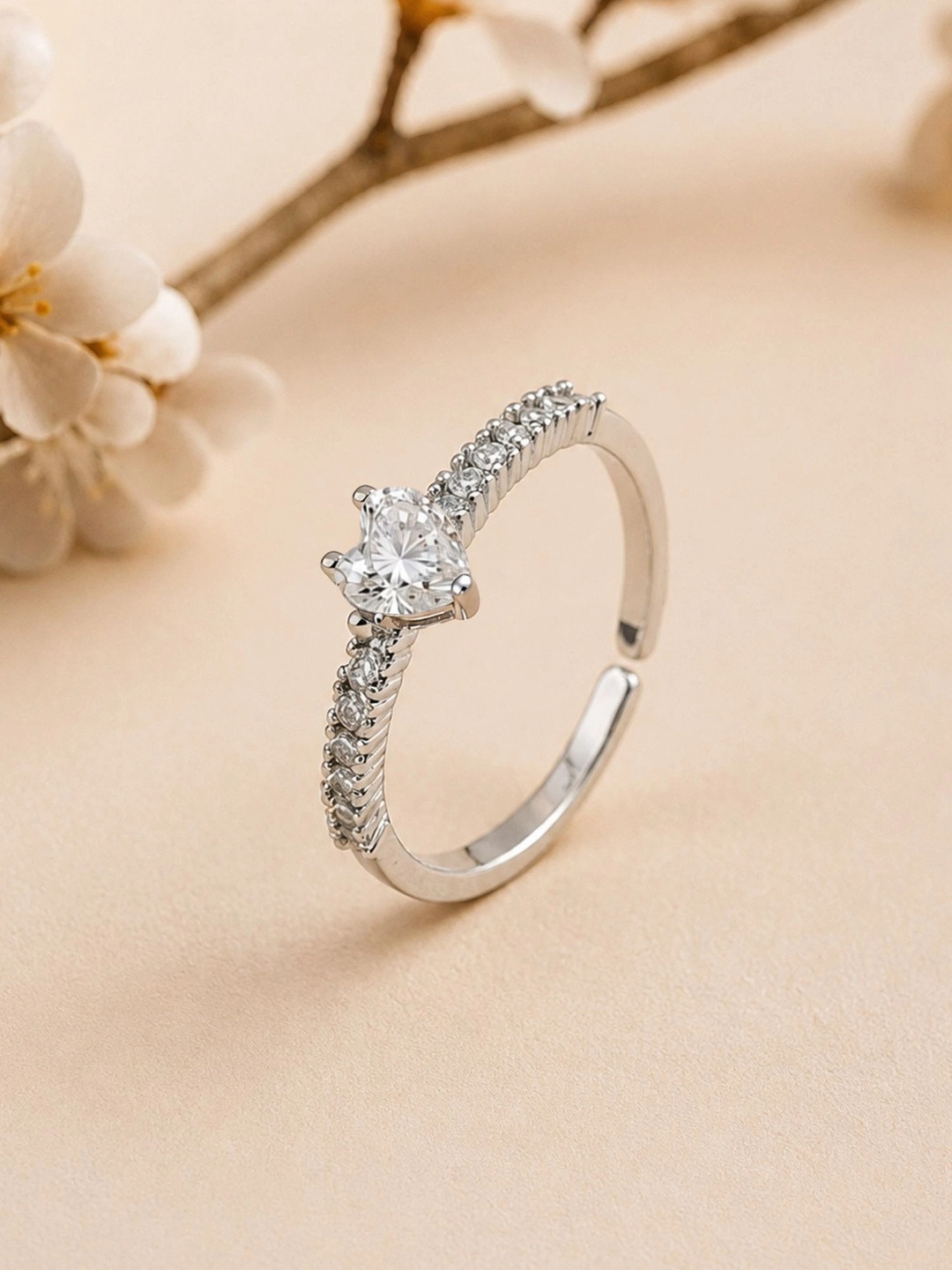 ARTKLIM Silver-Plated American Diamond Studded Adjustable Finger Ring