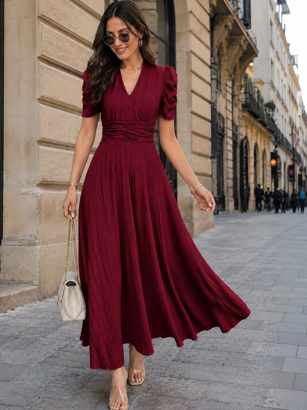 CORSICA Puff Sleeve A-Line Midi Dress
