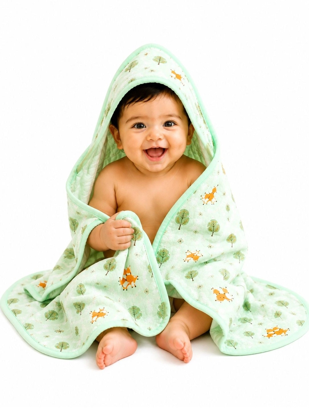 KiddieKa Sea Green & Orange 1 Printed 225 GSM Bath Towel