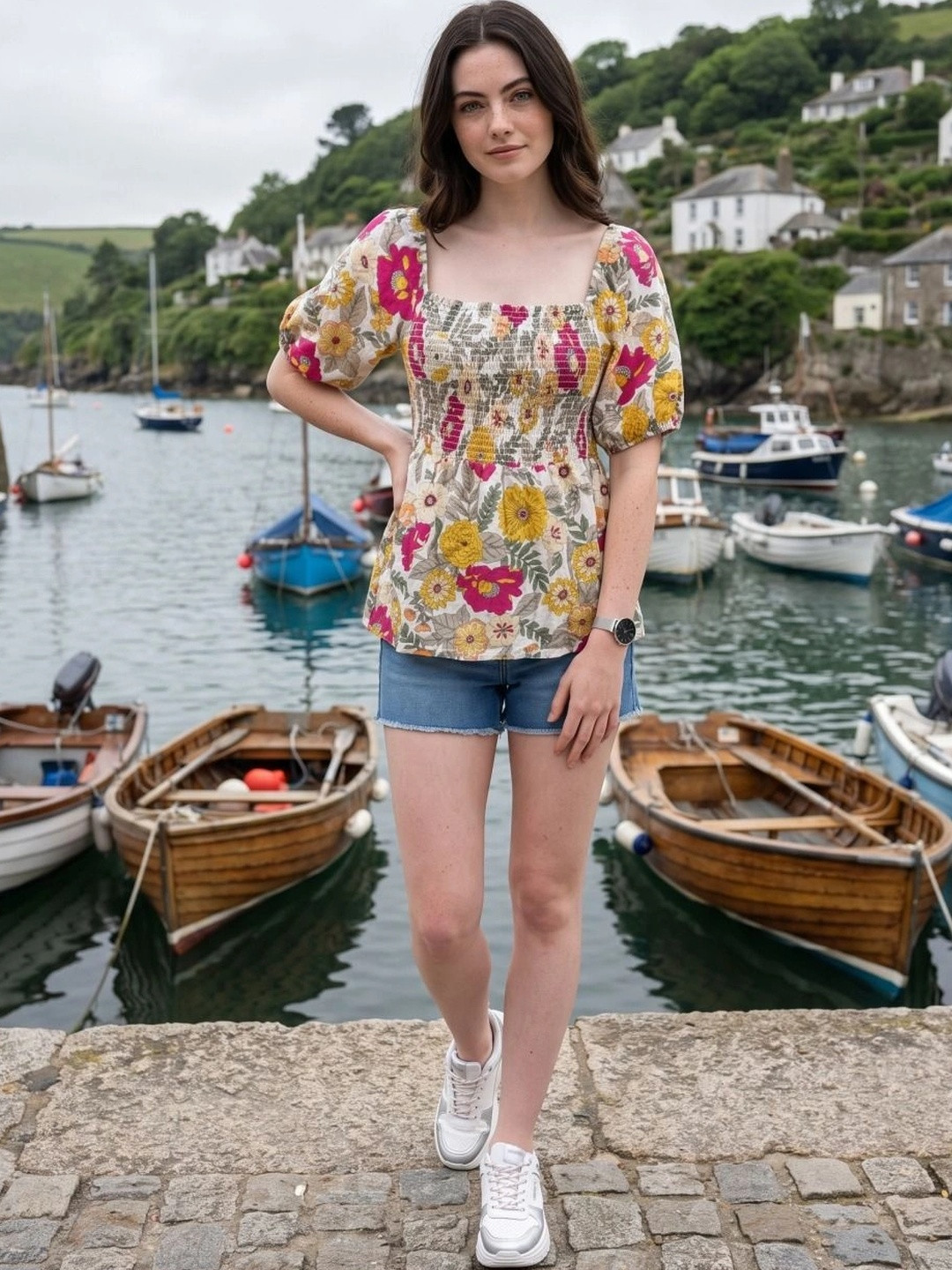 RANGRIWAZ Floral Printed Puff Sleeve Cotton Top
