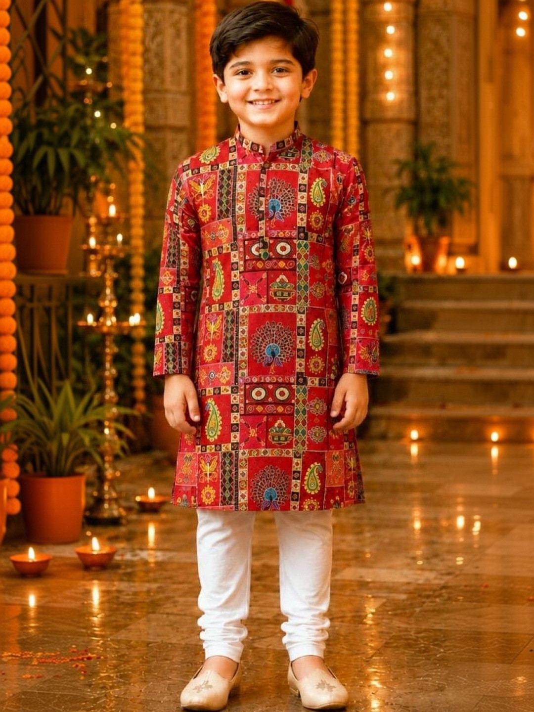 VISHESTA Boys Ethnic Motifs Printed Regular Kurta with Churidar
