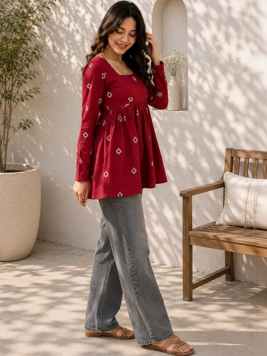Sangria Viscose Rayon Square Neck Printed Tunic
