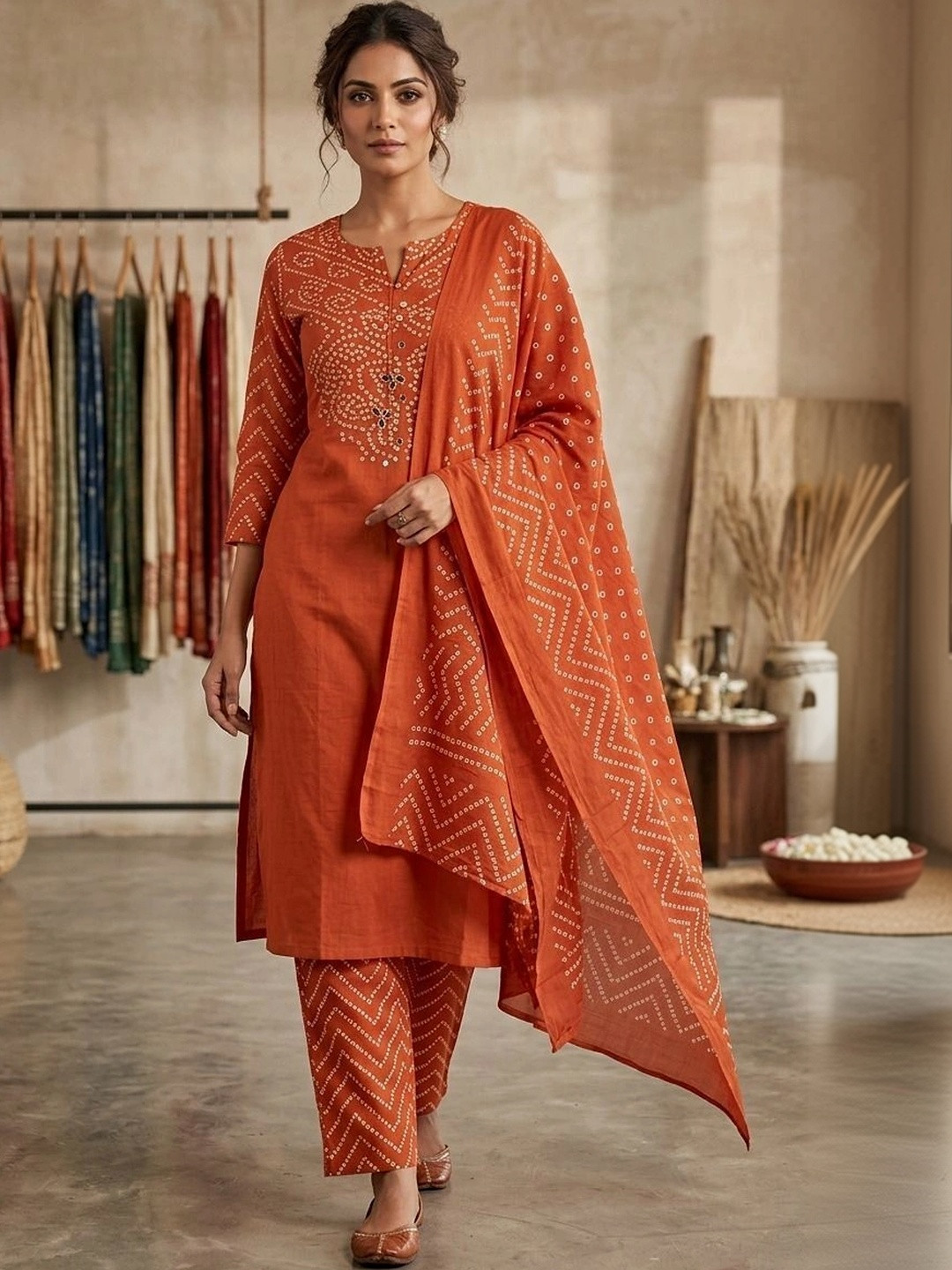shreeram Women Ethnic Motifs Printed Regular Pure Cotton Kurta with Trousers & With Dupatta