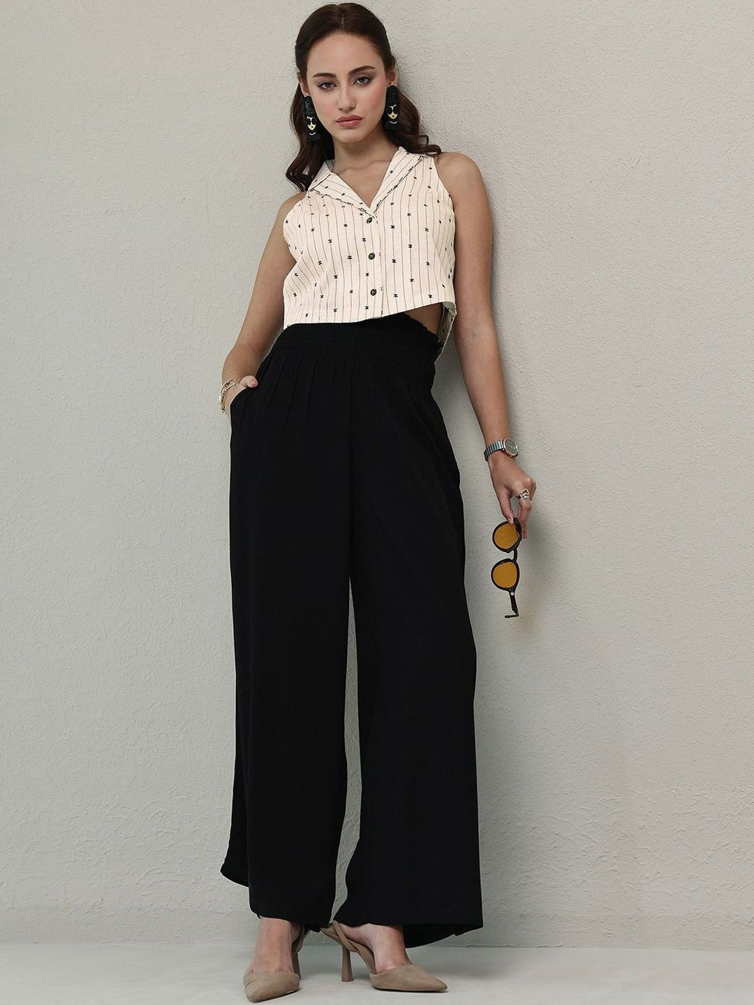 Libas Off White Woven Design Cotton Blend Crop Top