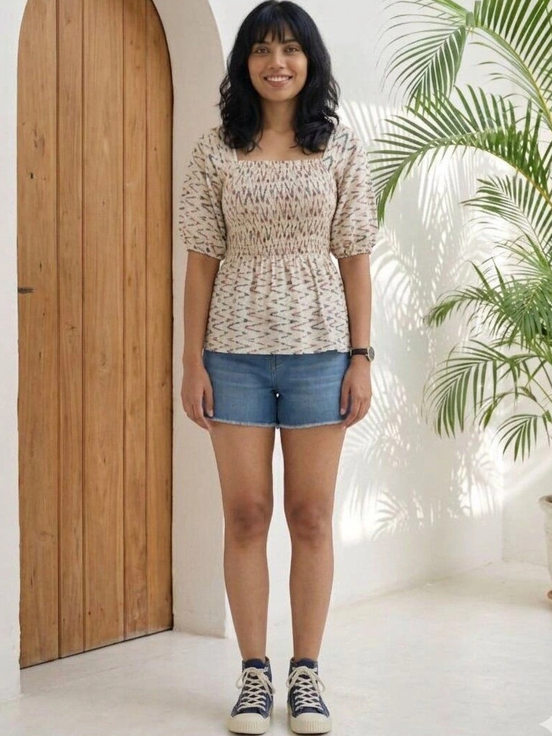 RANGRIWAZ Print Puff Sleeve Cotton Top