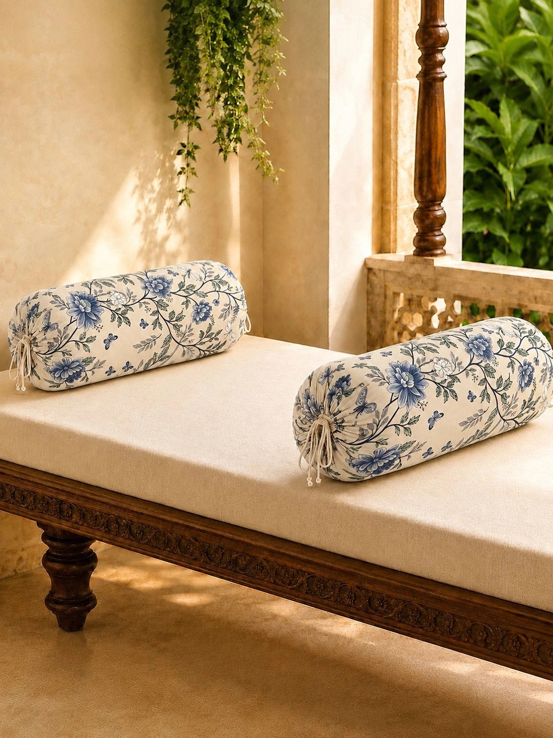 Clasiko 2 Pieces Cream Printed Cotton Superfine Bolster Covers