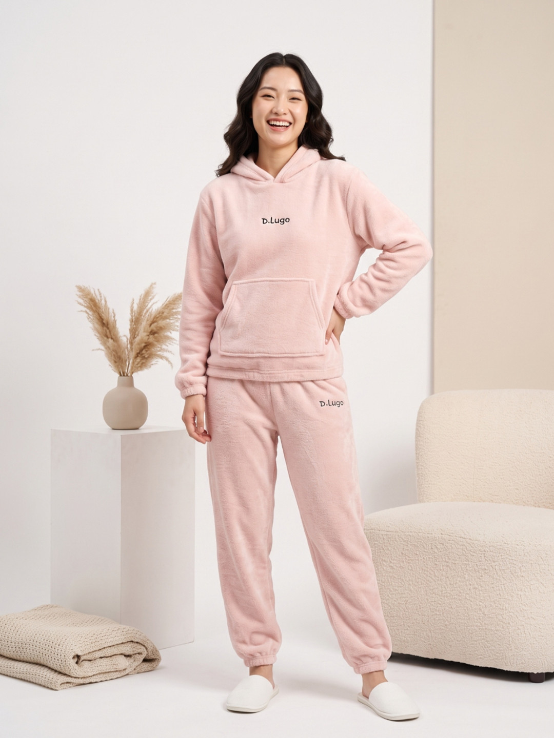 Lugo Women Pink Cozy Fleece Hoodie Top & Pyjama Nightsuit Set