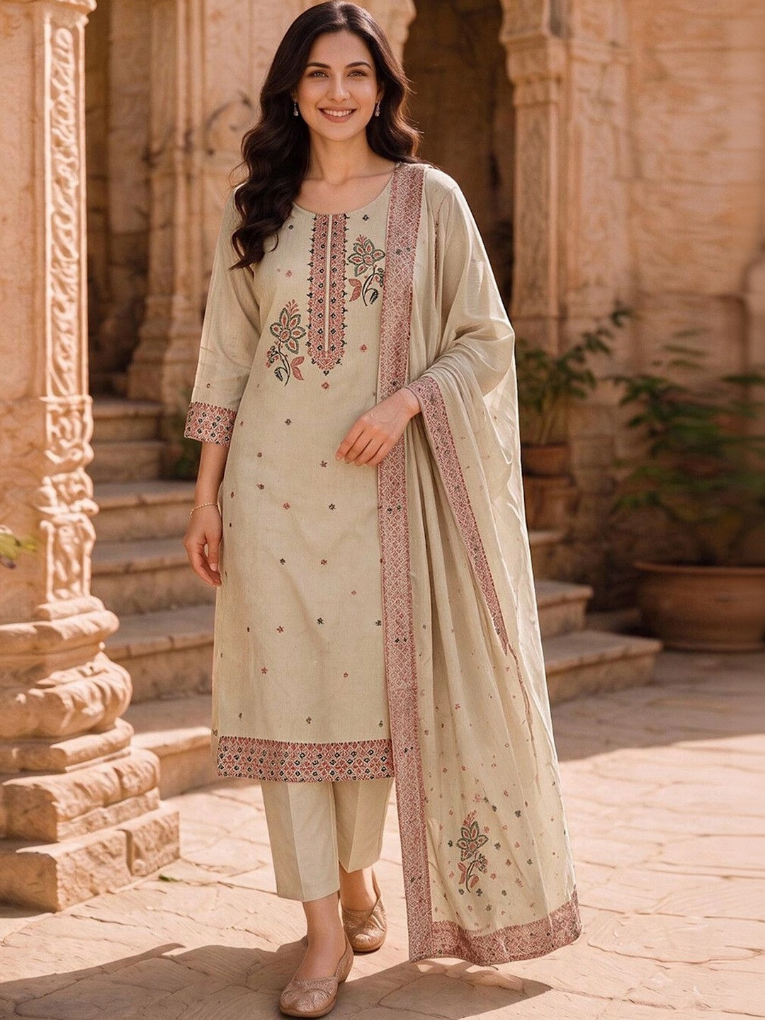 SKYLEE Women Ethnic Motifs Embroidered Regular Thread Work Kurta with Trousers & With Dupatta