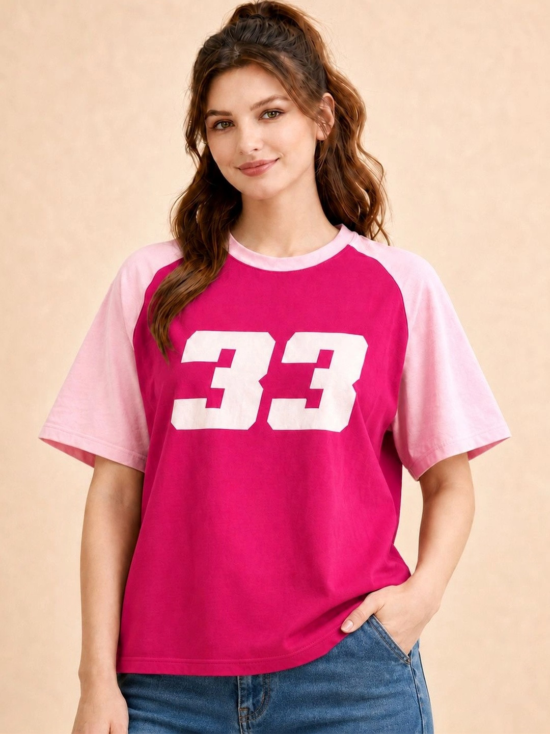 PTVIZE Women Pink Graphic Colourblocked T-shirt