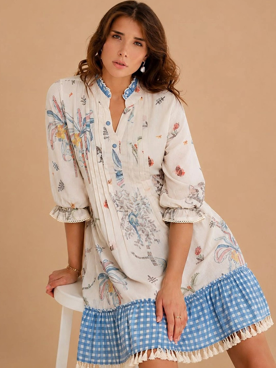Varanga Tropical Print Ruffled Dress