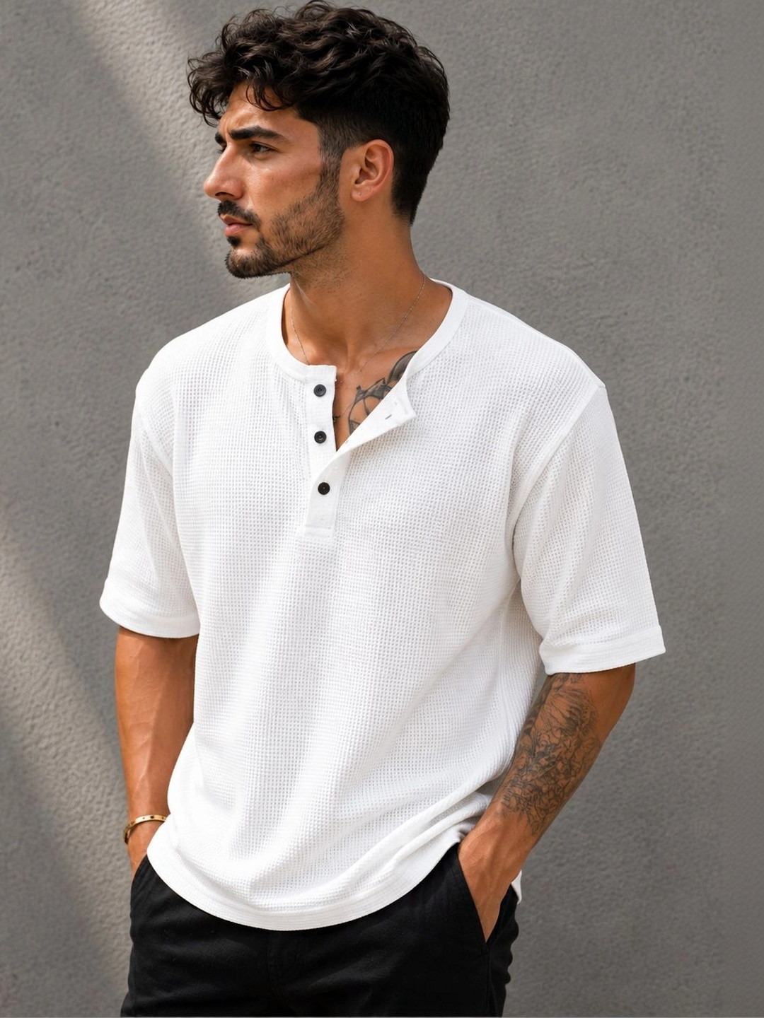 HOODLER Men Henley Neck T-shirt