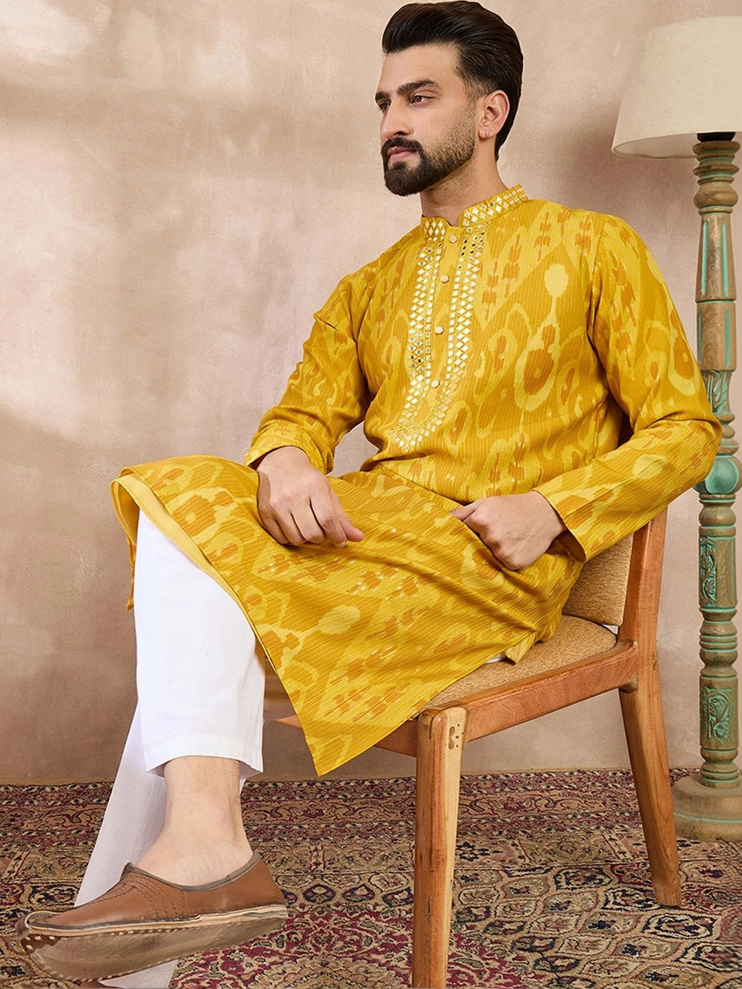 House of Pataudi Printed Mandarin Collar Knee Length Straight Kurta