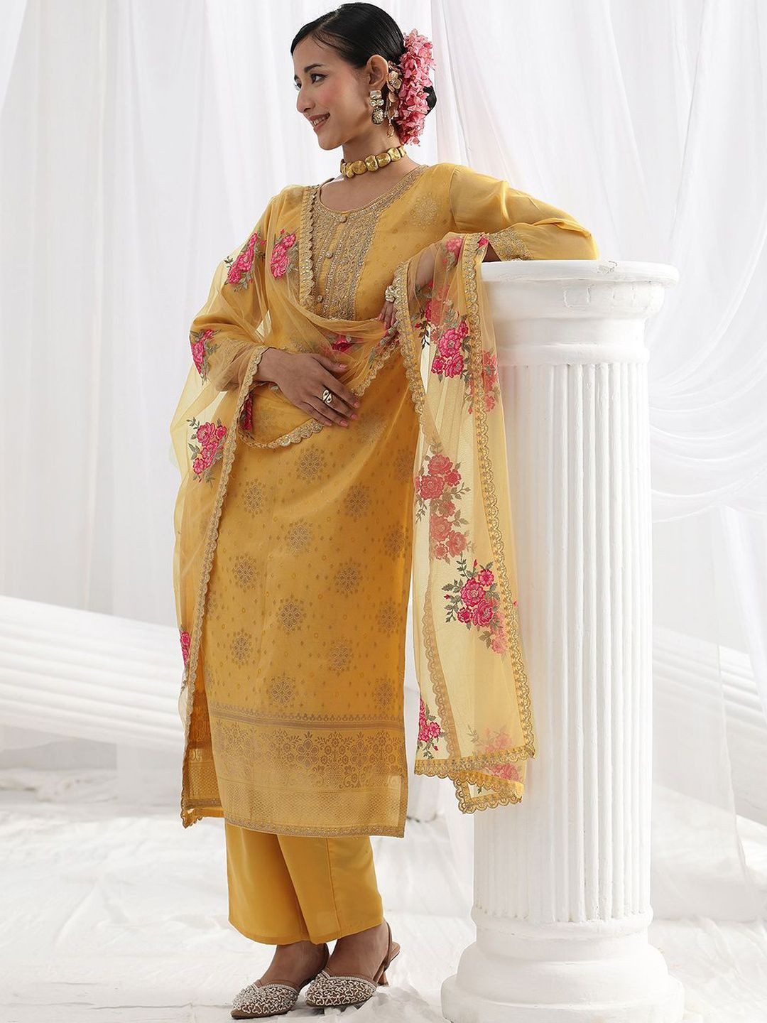 Libas Yellow Floral Woven Design Straight Suit Set with Dupatta