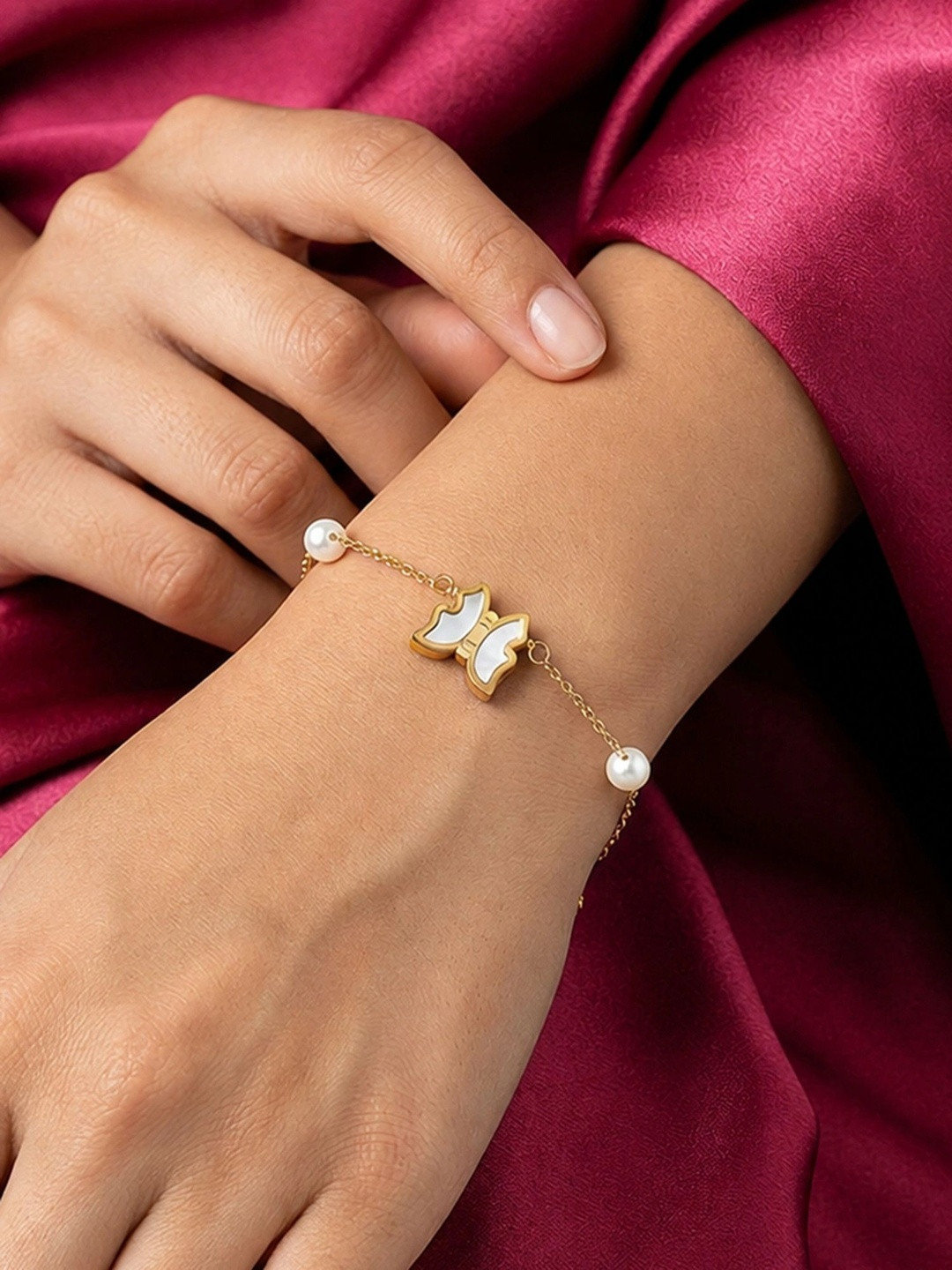 ARTKLIM Gold-Plated Stainless Steel Artificial Beaded Butterfly Charm Bracelet