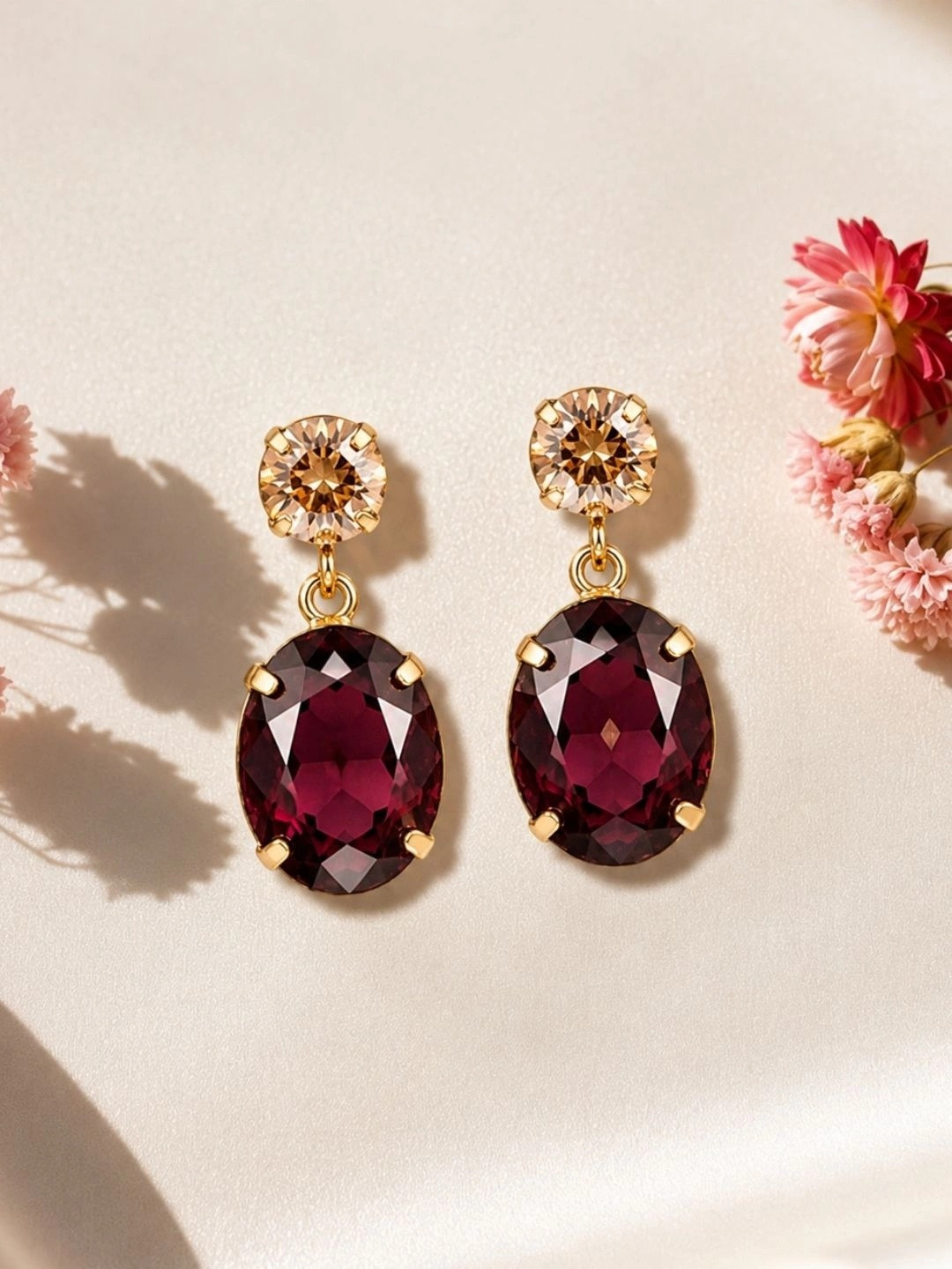 URVAA Stone Studded Oval Drop Earrings