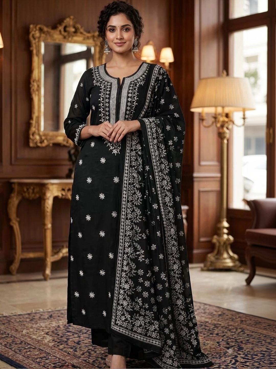 RADHEY KRISHNA CREATION Women Ethnic Motifs Embroidered Regular Thread Work Kurta with Palazzos & With