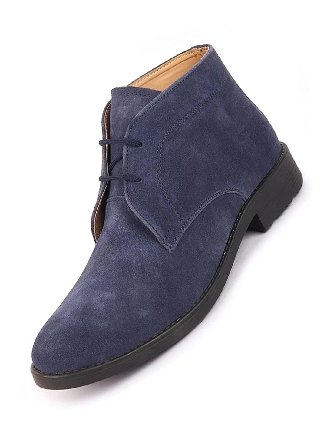 FAUSTO Men Navy Blue Solid Suede Leather High Ankle Chukka Boots