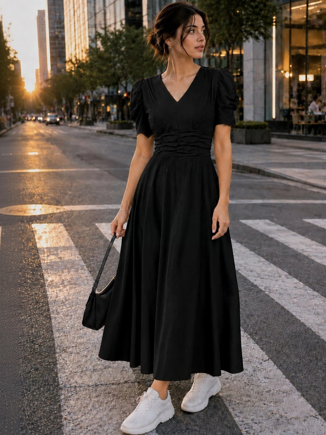 Style Go Puff Sleeve A-Line Midi Dress