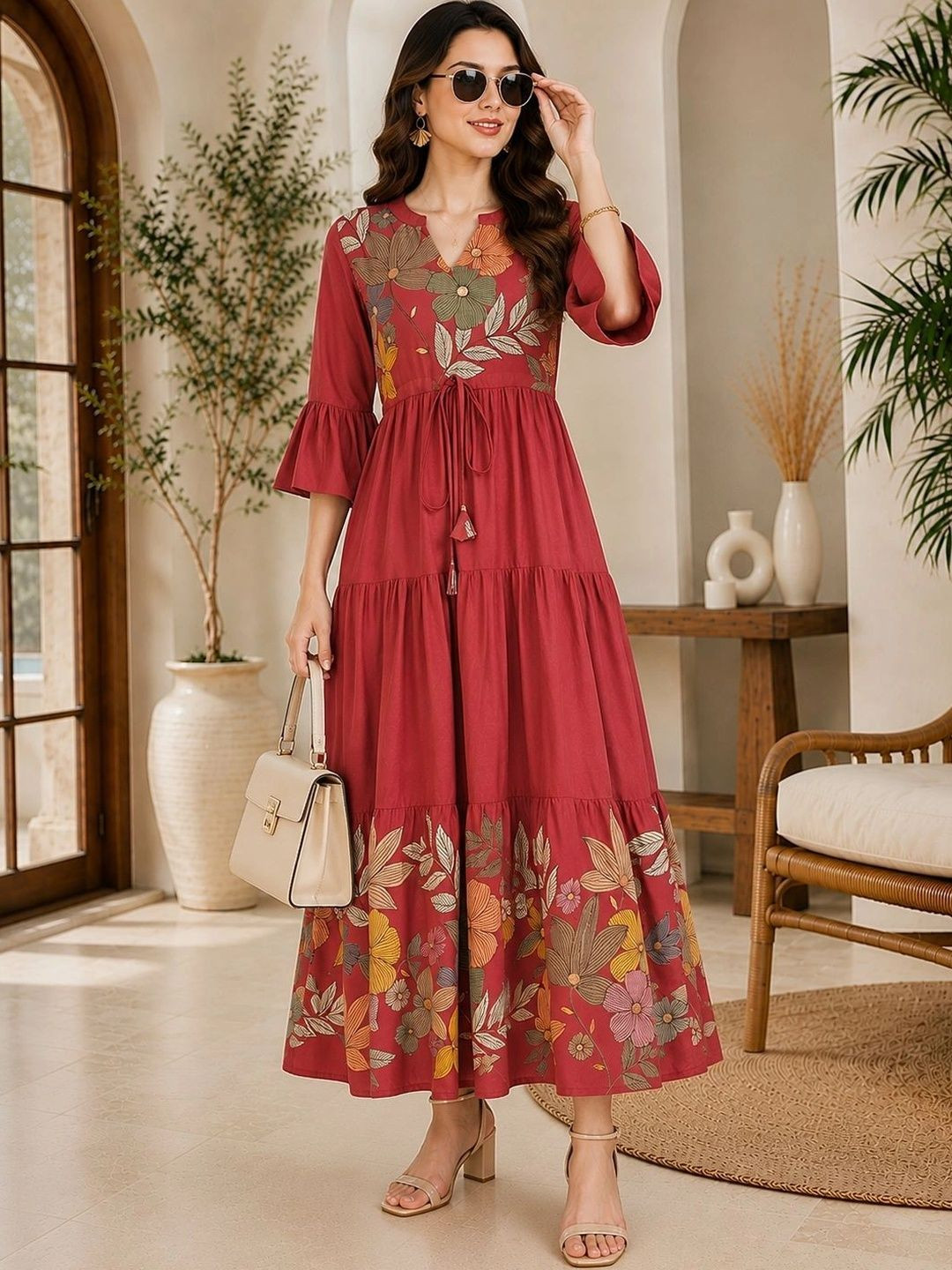 Manqsh by Claura Floral Print Flared Sleeve Maxi Dress