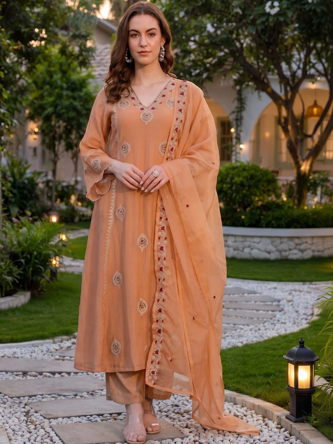 Sangria Women Ethnic Motifs Embroidered Regular Thread Work Kurta with Trousers & With Dupatta
