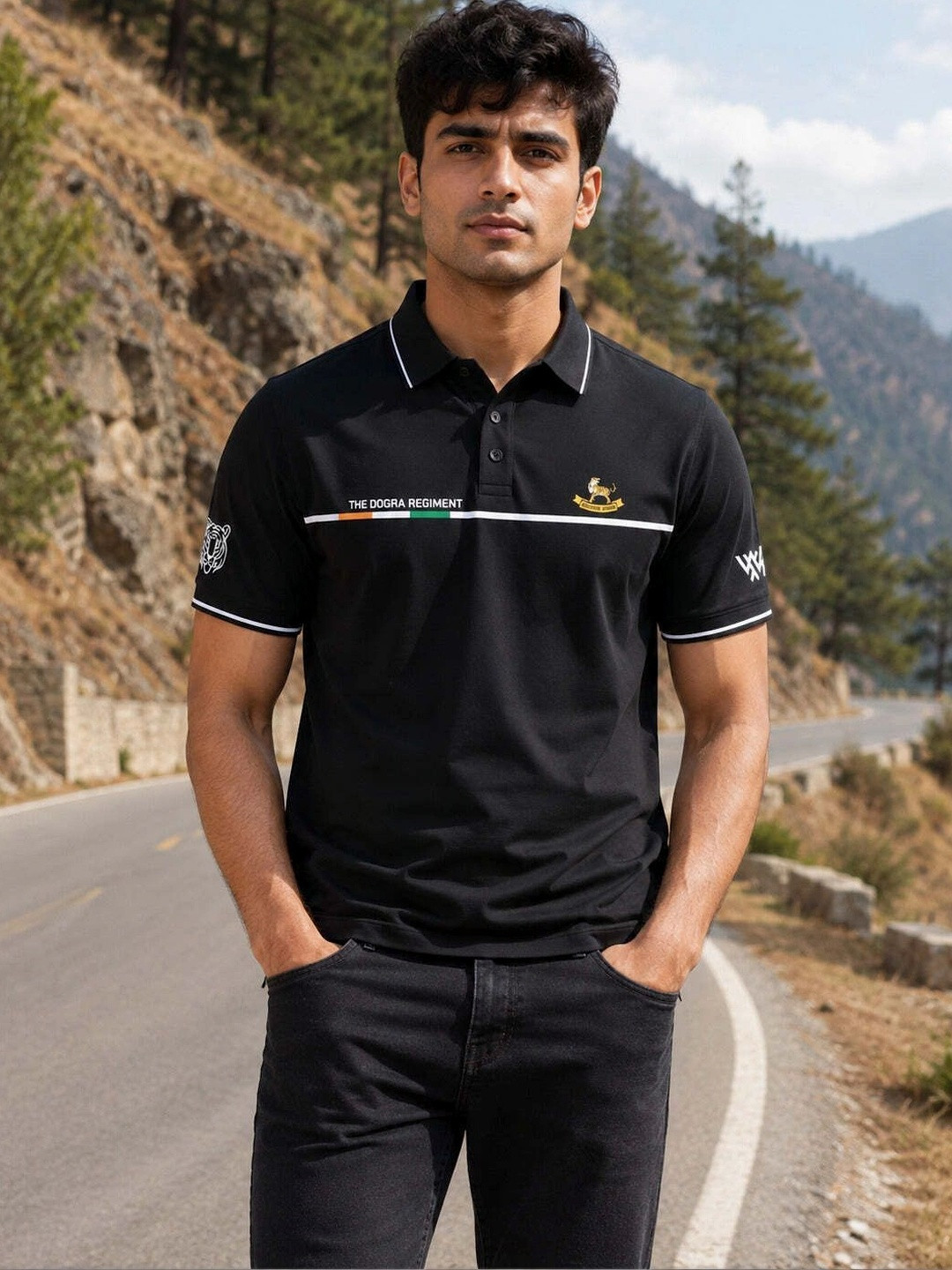 Warrior World Men Black Typography Polo Collar T-shirt