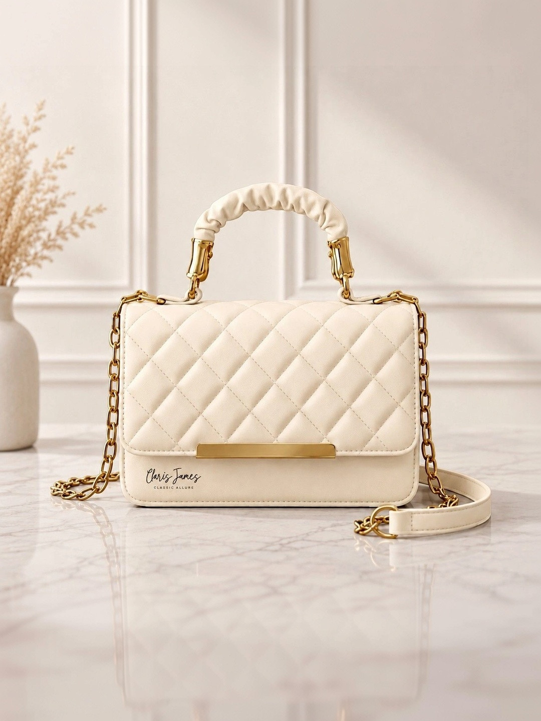 CLARIS JAMES Textured PU Structured Handheld Bag with Quilted