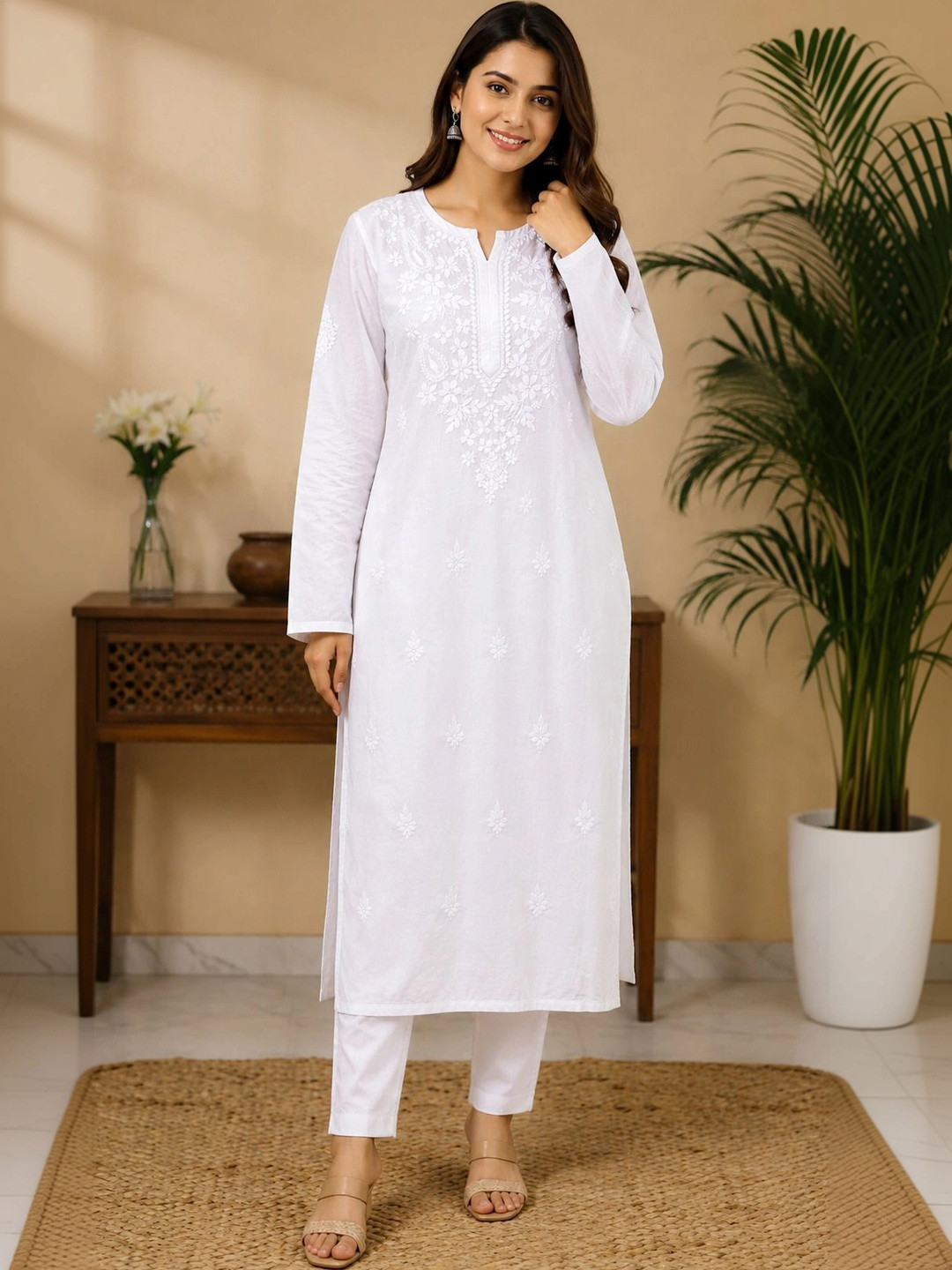 SHOESTER FOOTWEAR Floral Embroidered Chikankari Pure Cotton Chikankari Kurti