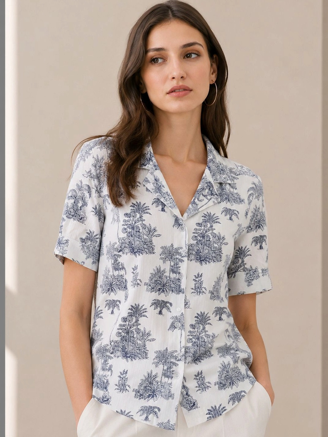 Hancock Women Tropical Opaque Printed Pure Cotton Casual Resort Shirt
