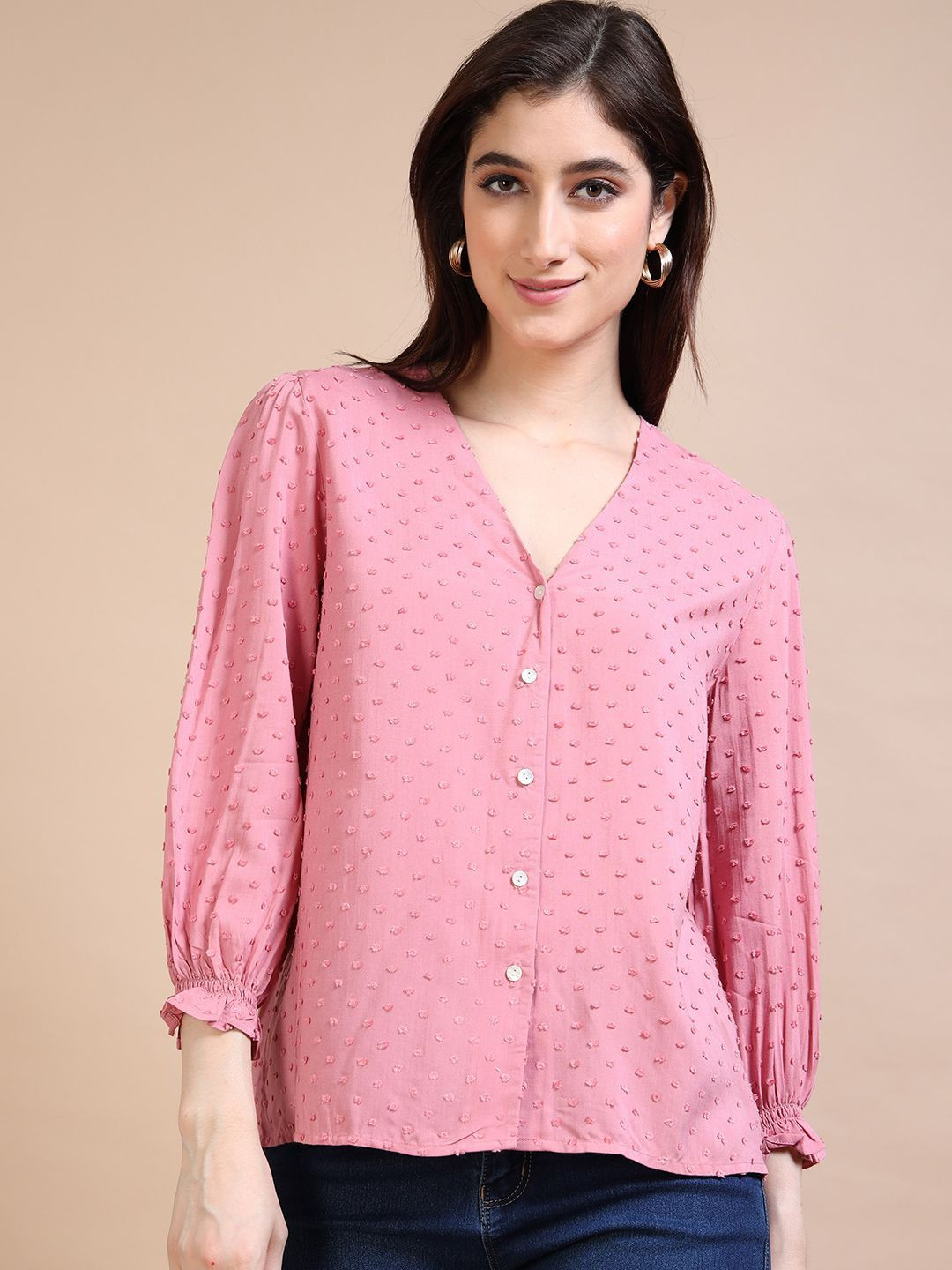 Glam & Chique Women 3/4th Puff Sleeve V Neck Relaxed Fit 100% Viscose Dobby