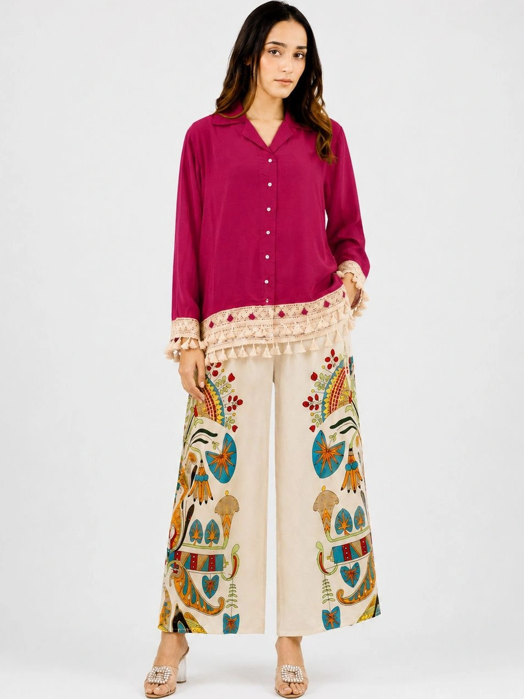 ROZLAND Bohemian Print Fringed A-Line Dress