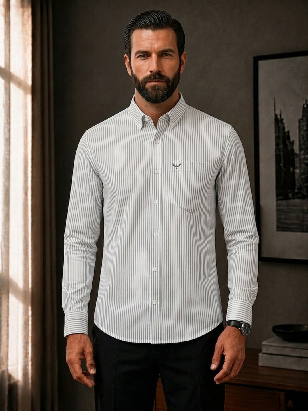 PERCH Men Slim Fit Striped Casual Shirt