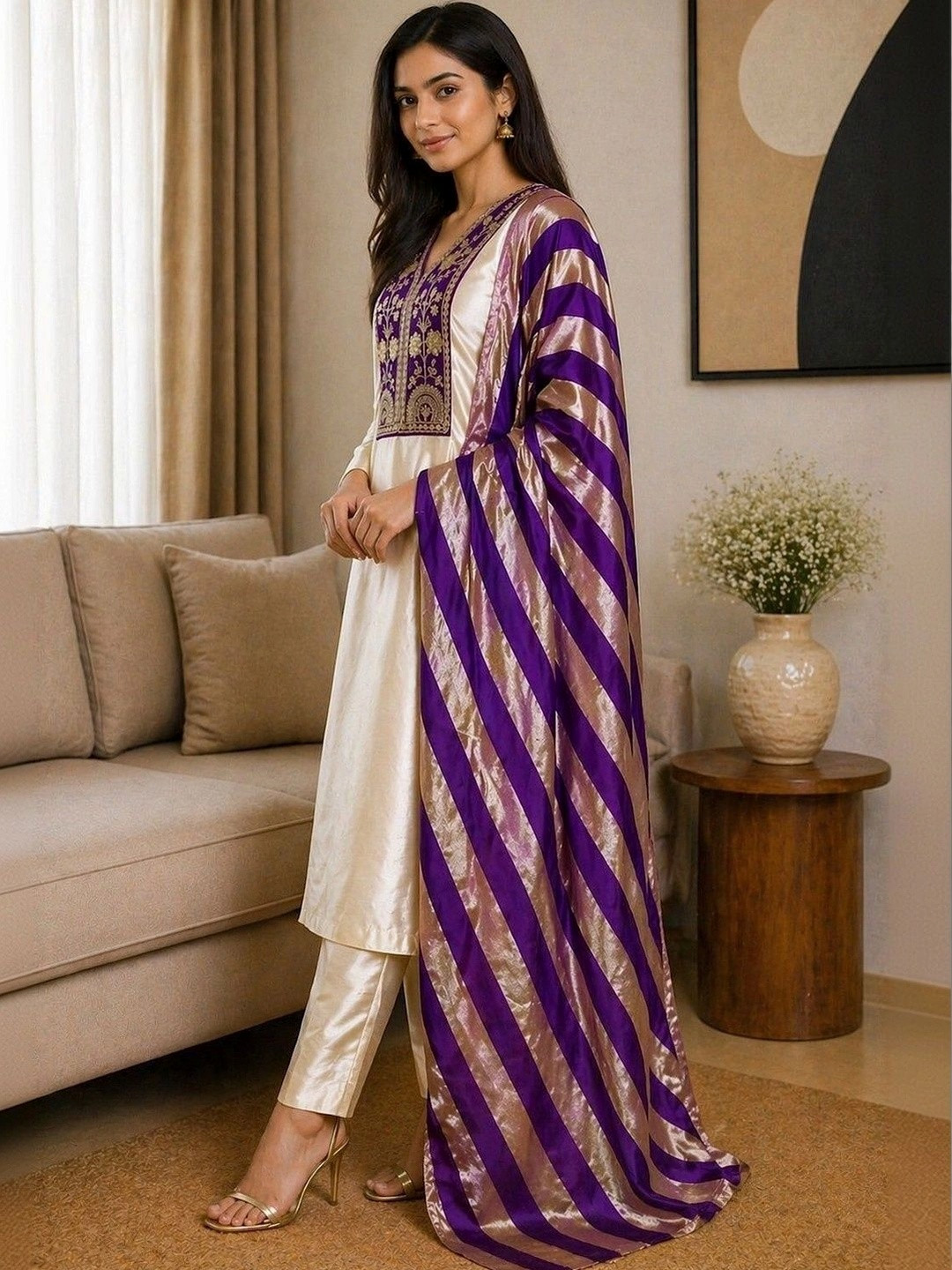 all about you Women Ethnic Motifs Embroidered Regular Kurta with Trousers & With Dupatta