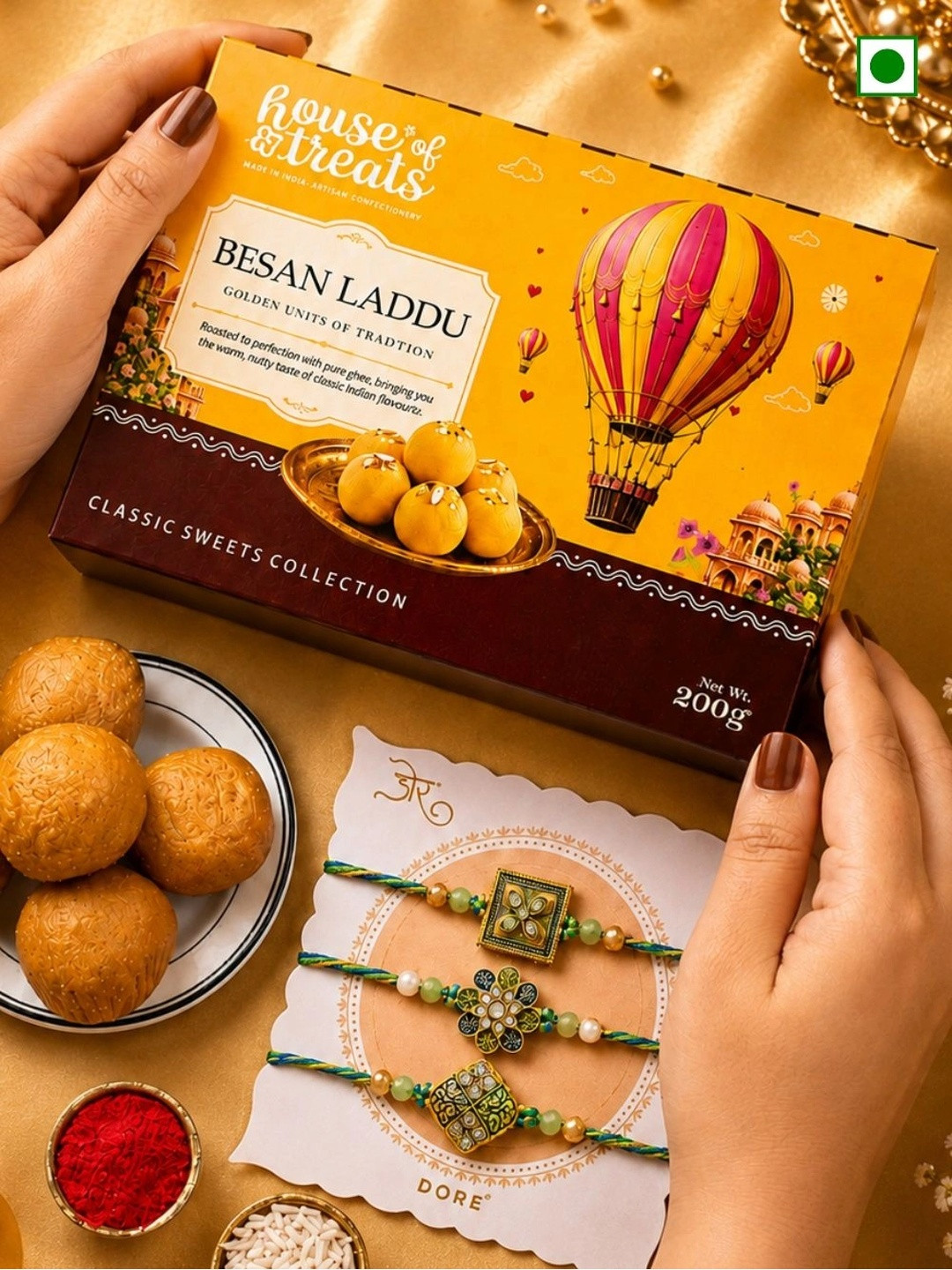 RawFruit Set of 3 Rakhi With Besan Laddoo Sweets Gift Set 200g