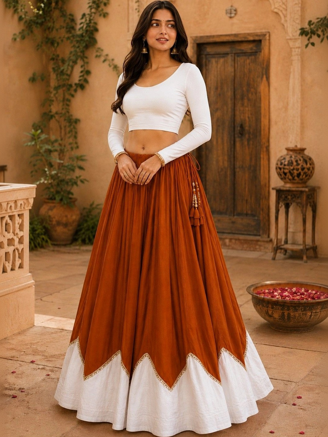 Desibutik Women Cotton Colourblocked Tiered Maxi Flared Skirt