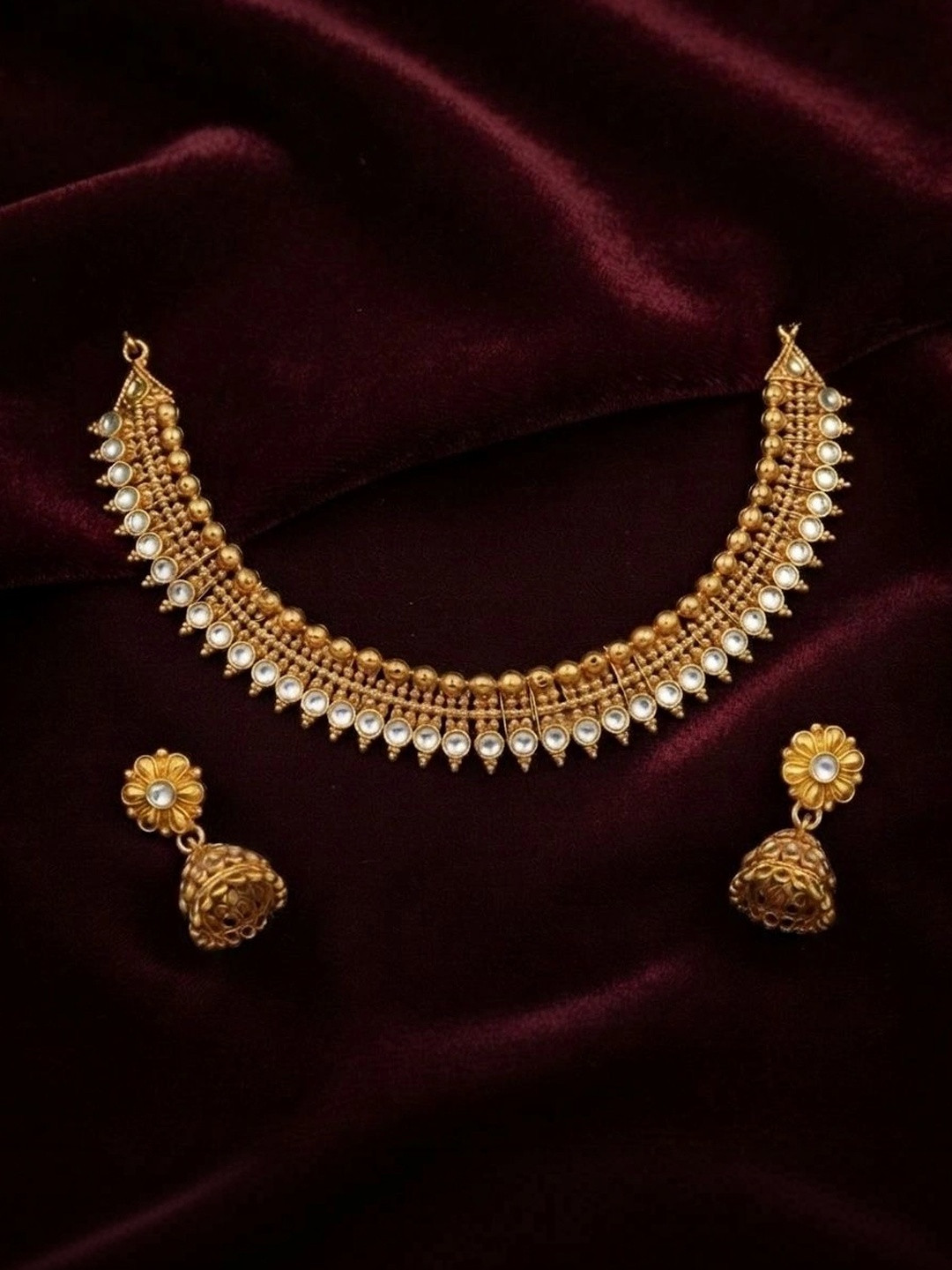 SZN Rhodium-Plated Antique Stone Studded & Beaded Necklace and Earrings