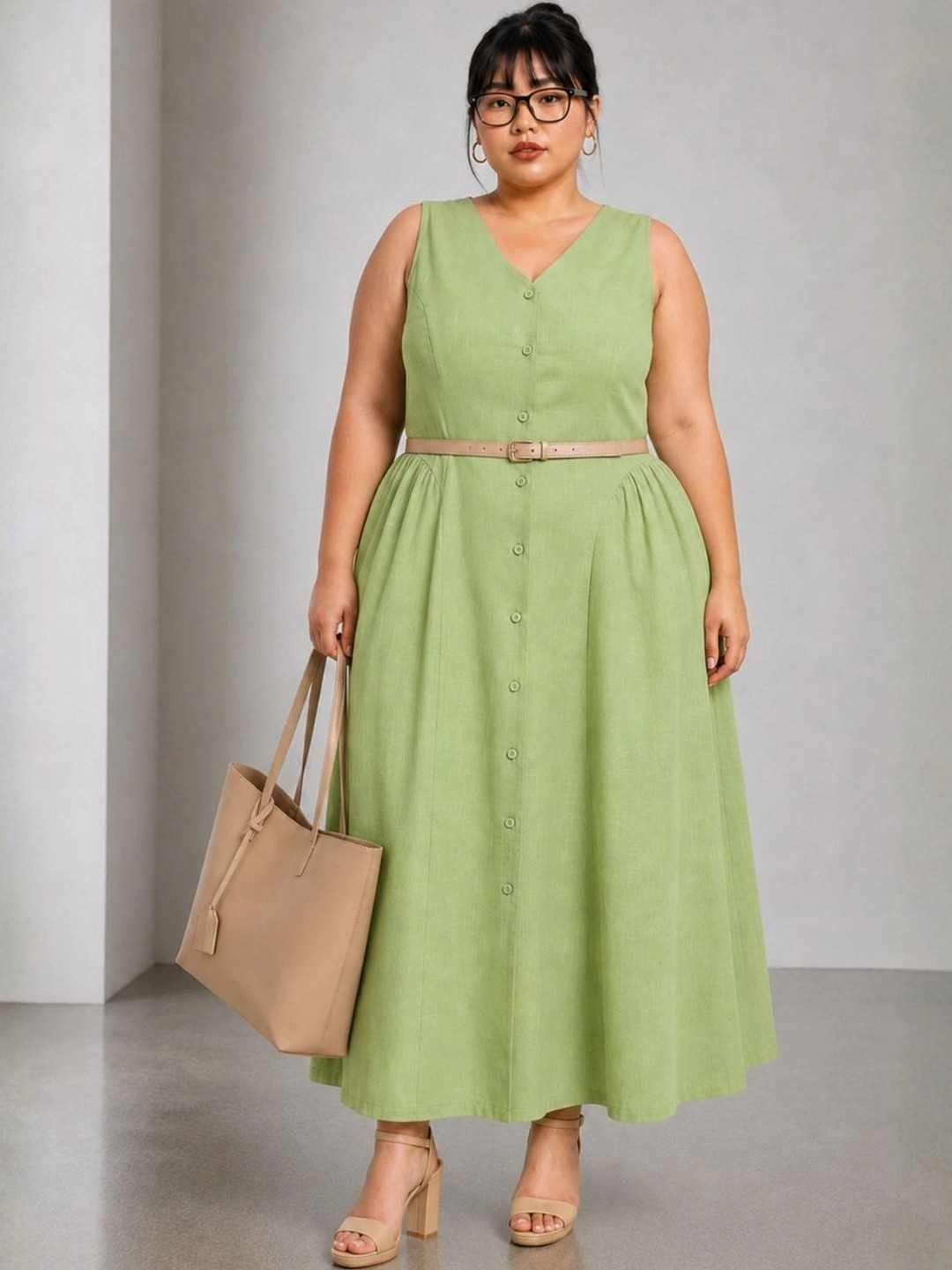 Virgio Solid Cotton V-Neck Short Sleeves Midi Plus Size Dress for Women