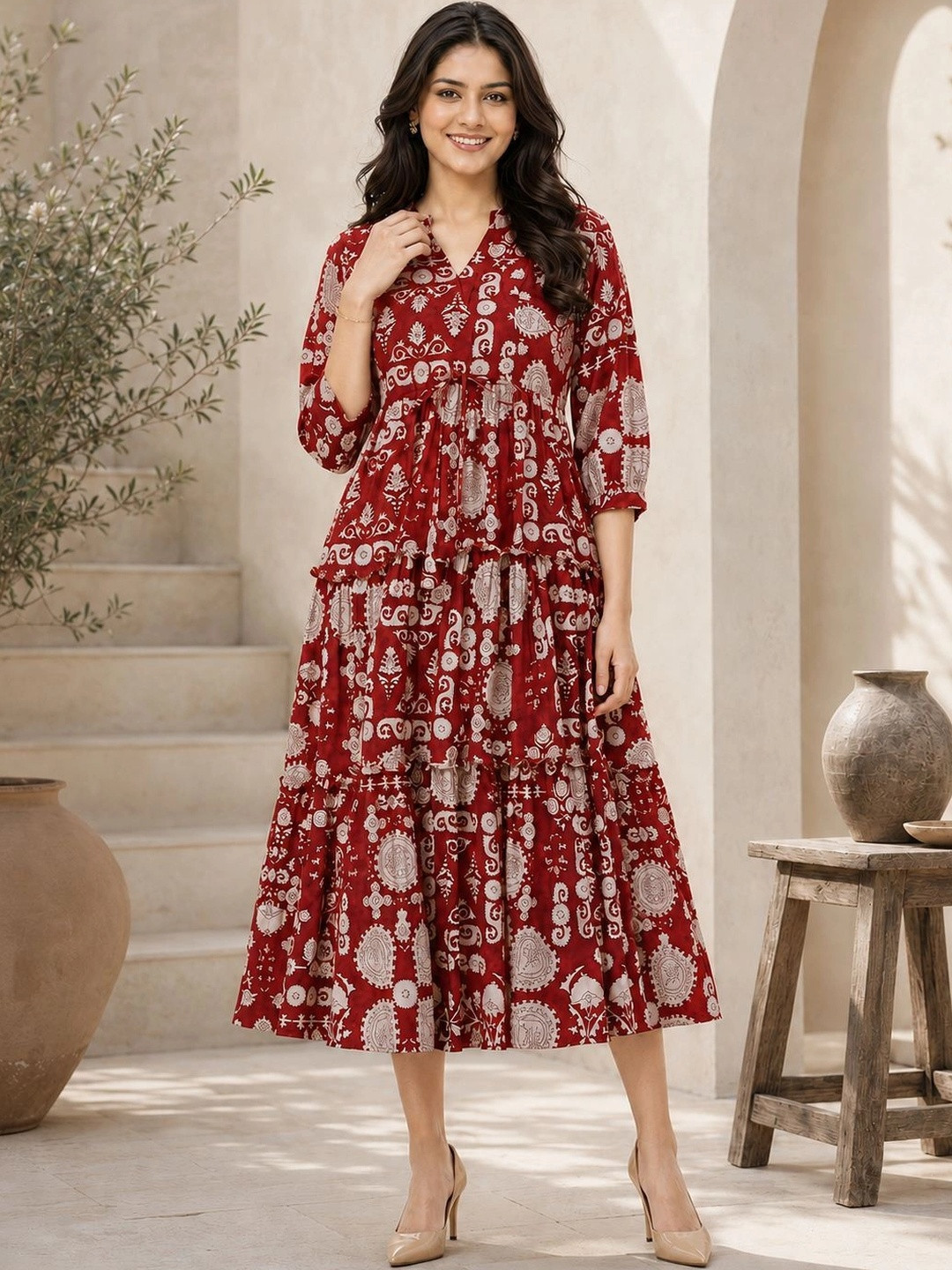 Manqsh by Claura Ethnic Motifs Print A-Line Midi Dress