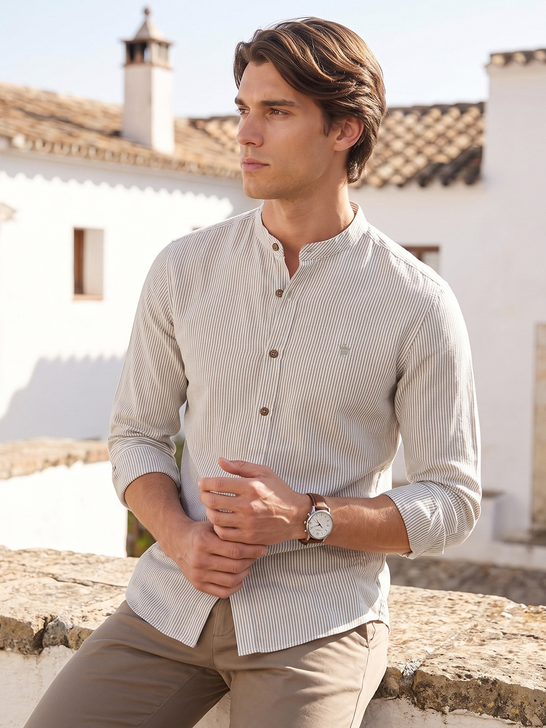 French Connection Slim Fit Vertical Striped Band Collar Cotton Linen Casual Shirt