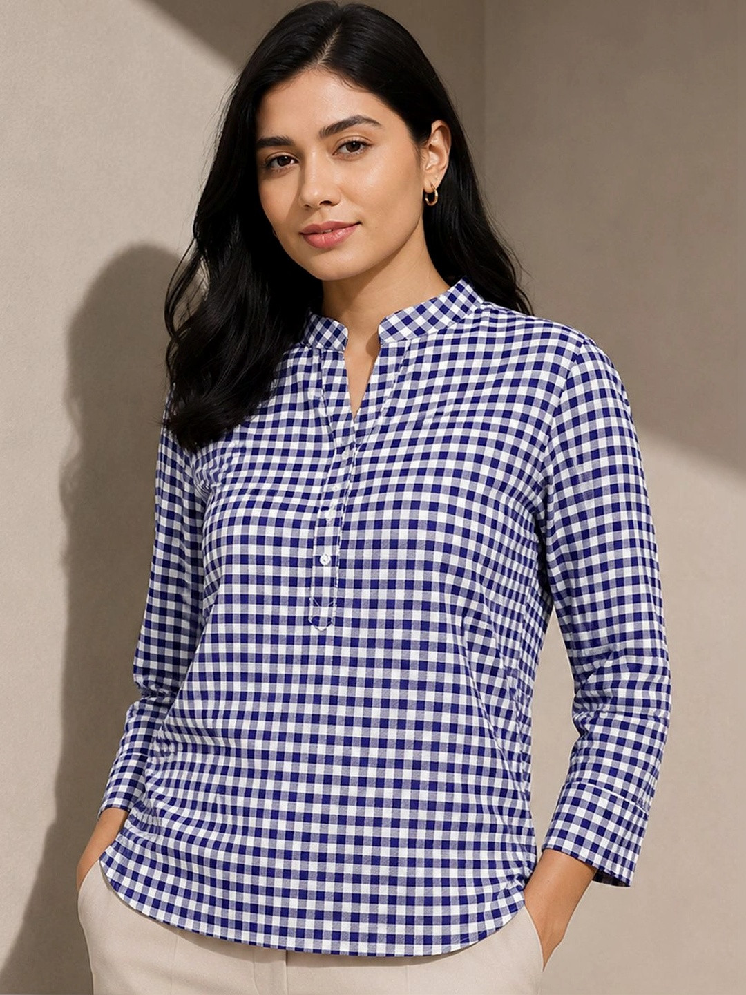 Hancock Women Gingham Checked Pure Cotton Regular Fit Formal Top