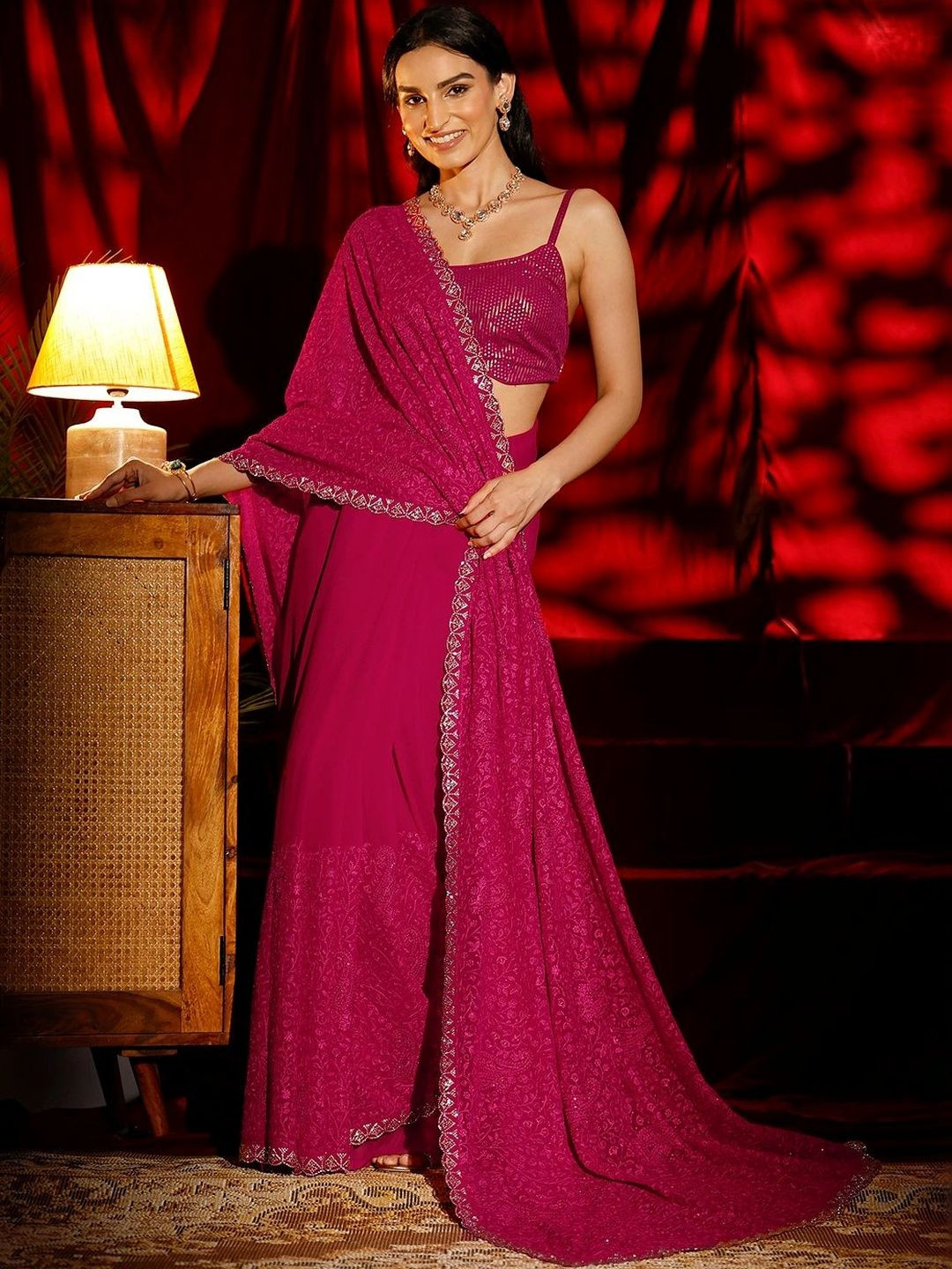 Libas Rani Pink Floral Embroidered Georgette Saree