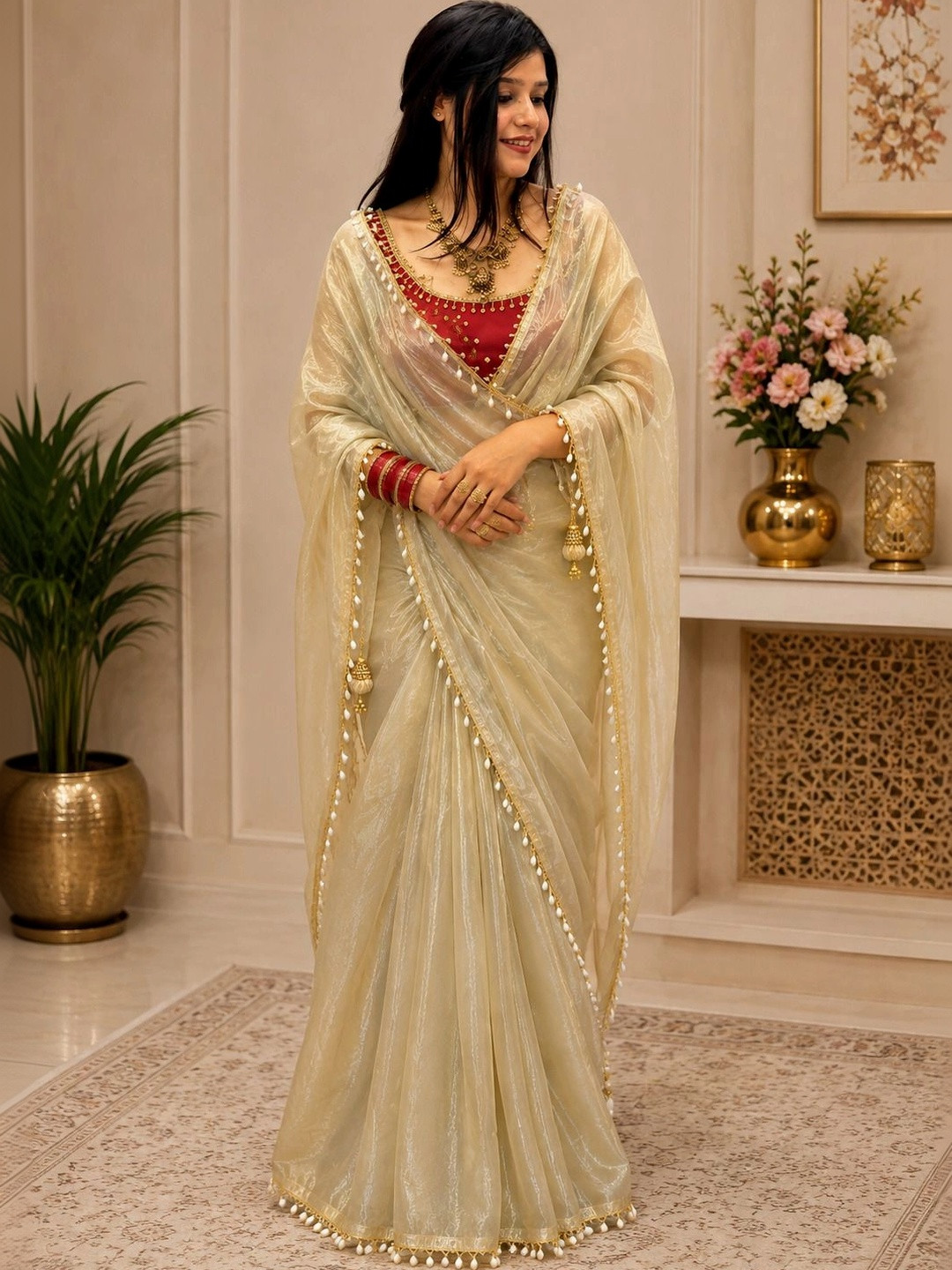GMIYA Beads and Stones Tissue Designer Saree