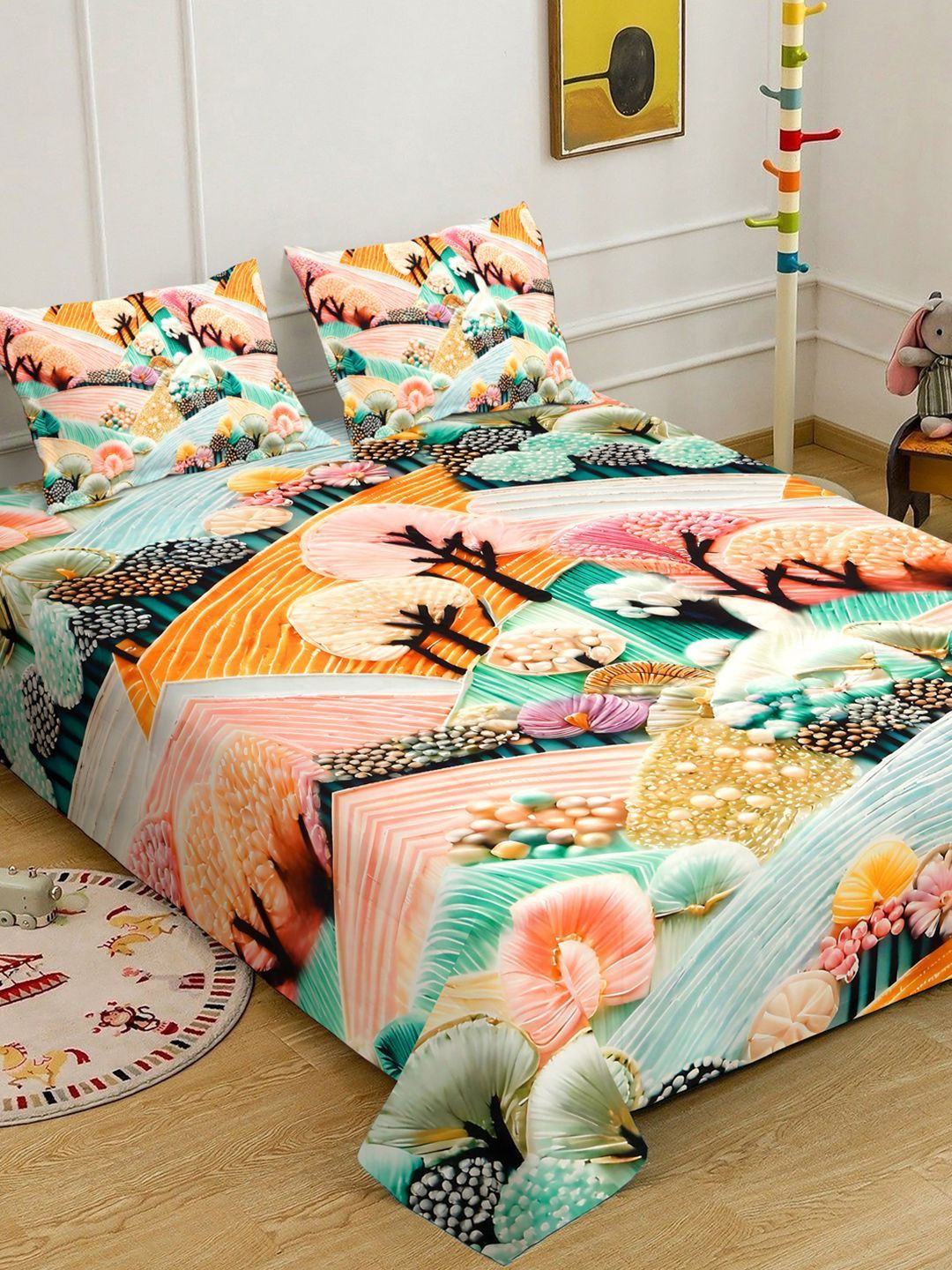 Multi Floral Printed 7D 400 TC Double King Superfine Bedsheet With 2 Pillow Cover