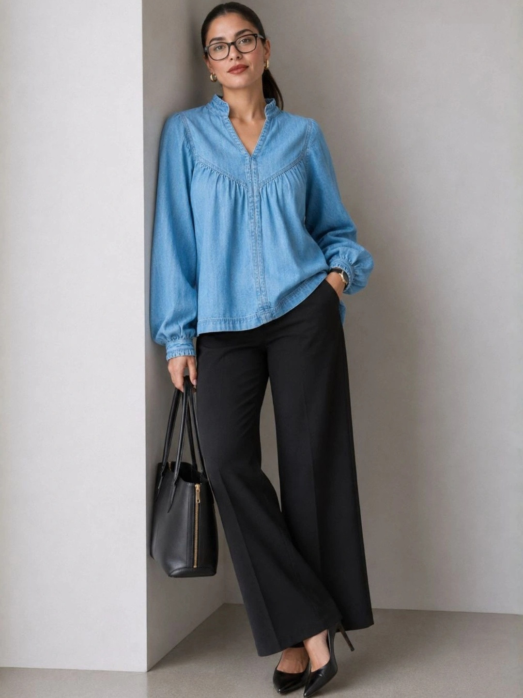 Virgio Solid Cotton Gathered Yoke Boxy Denim Top for Women