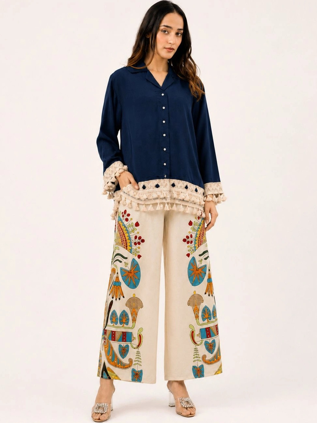 ROZLAND Ethnic Motifs Print Fringed A-Line Dress