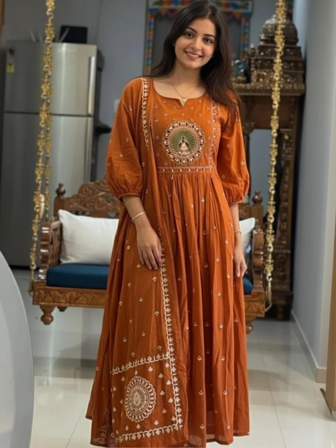 PinkLabel Women Ethnic Motifs Printed Empire Pure Cotton Kurta with Pyjamas & With Dupatta