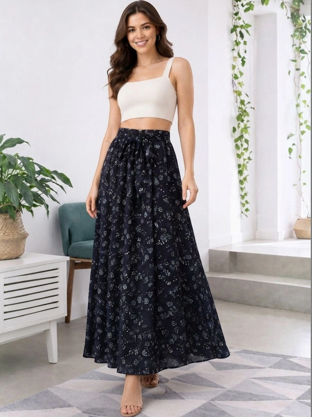 Oxolloxo Women Floral Printed Tie-Up Belt Flared Maxi Skirt