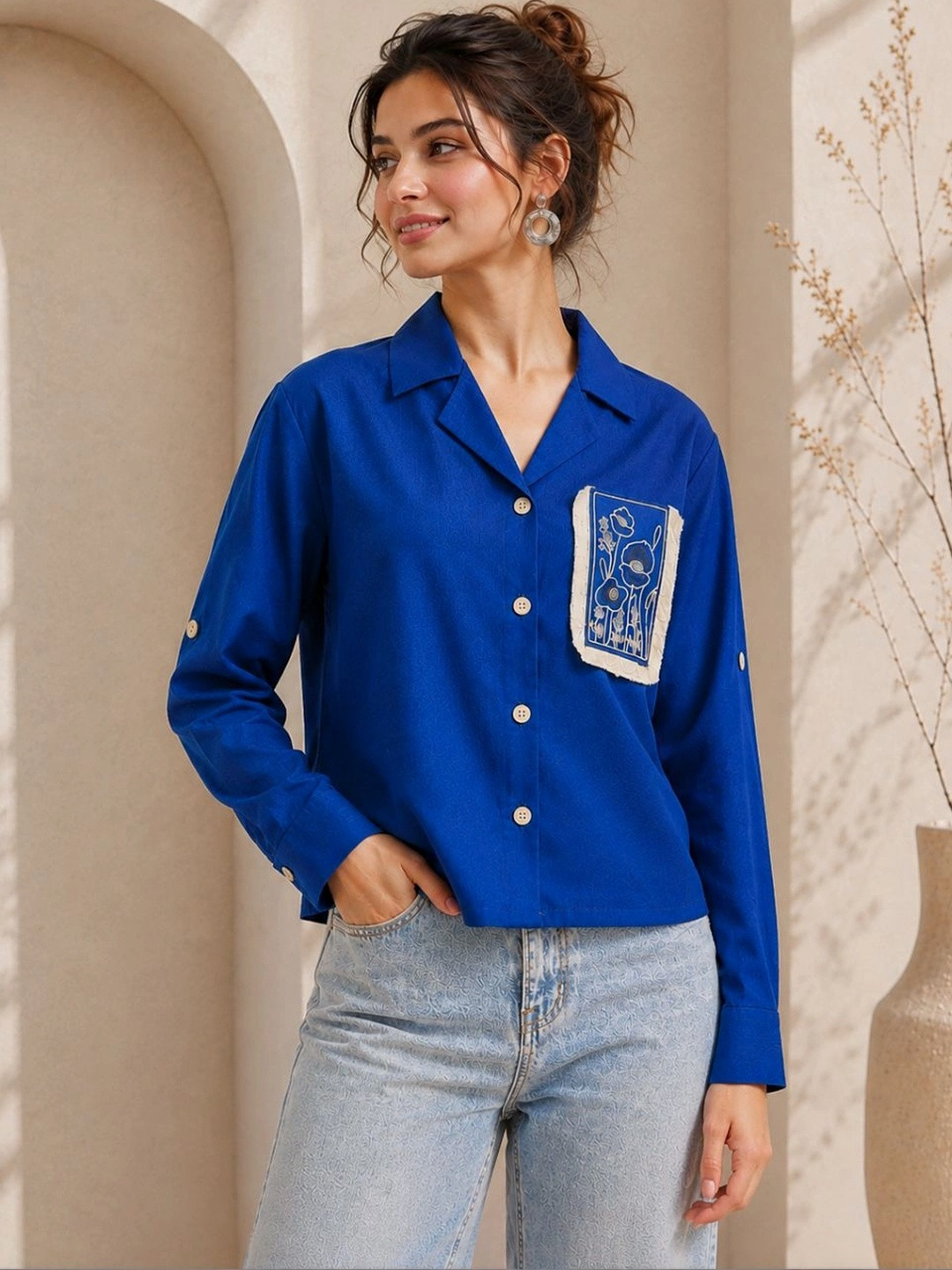J Turritopsis Women Royal Blue Embroidered Buttoned Shirt